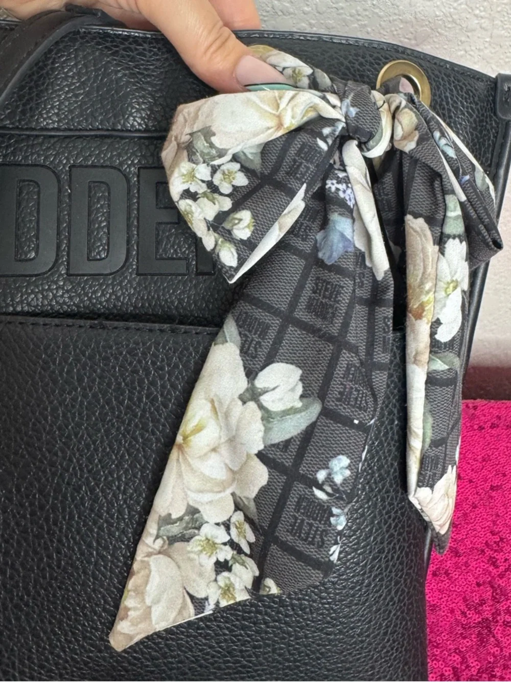 STEVE MADDEN 🪷 Pebbled Black Leather Large Laptop Tote, Floral Scarf Accent